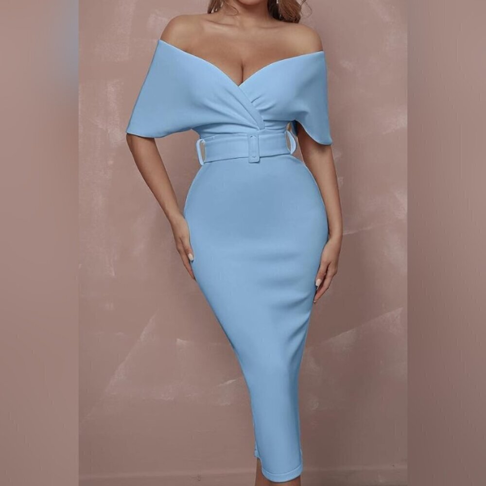 Off-Shoulder Surplice Front Buckle Belted Dress